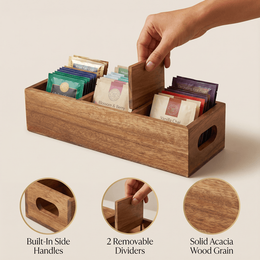 Acacia Wood Tea Caddy — 3-Compartment