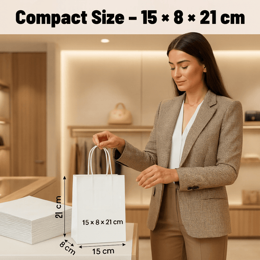 White Kraft Paper Gift Bags — 30 Pack (15 × 8 × 21 cm)