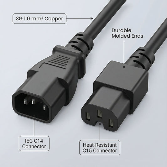 IEC C14 to C15 Heavy Duty Power Cable (2M OR 5M Length)