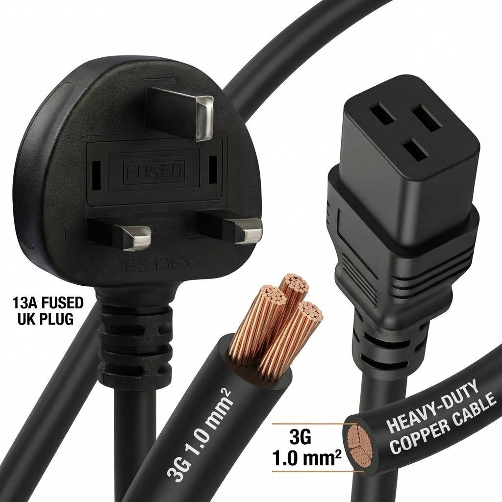 UK Plug to IEC C19 Power Cable (1.6M or 3M Lengths)