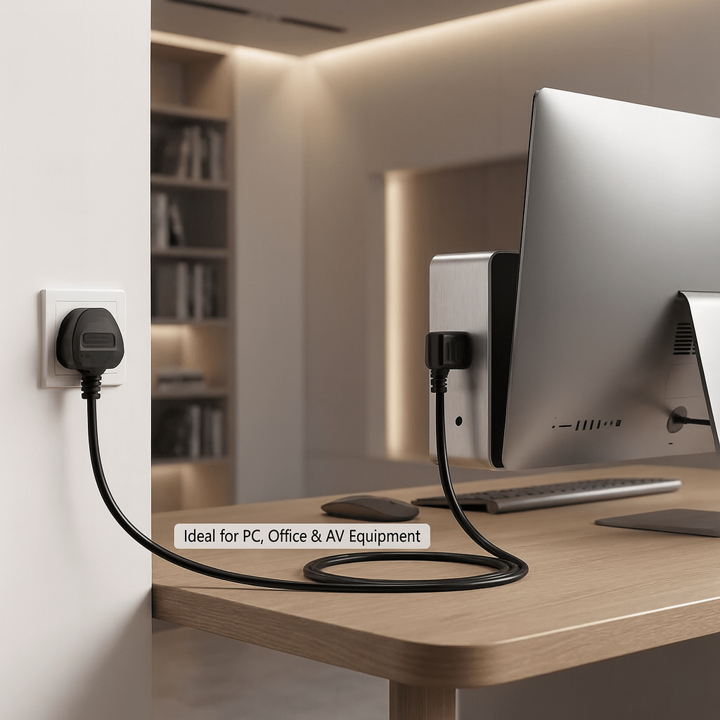 Right-Angle UK Plug to IEC C13 Power Cable (3M or 5M Lengths)