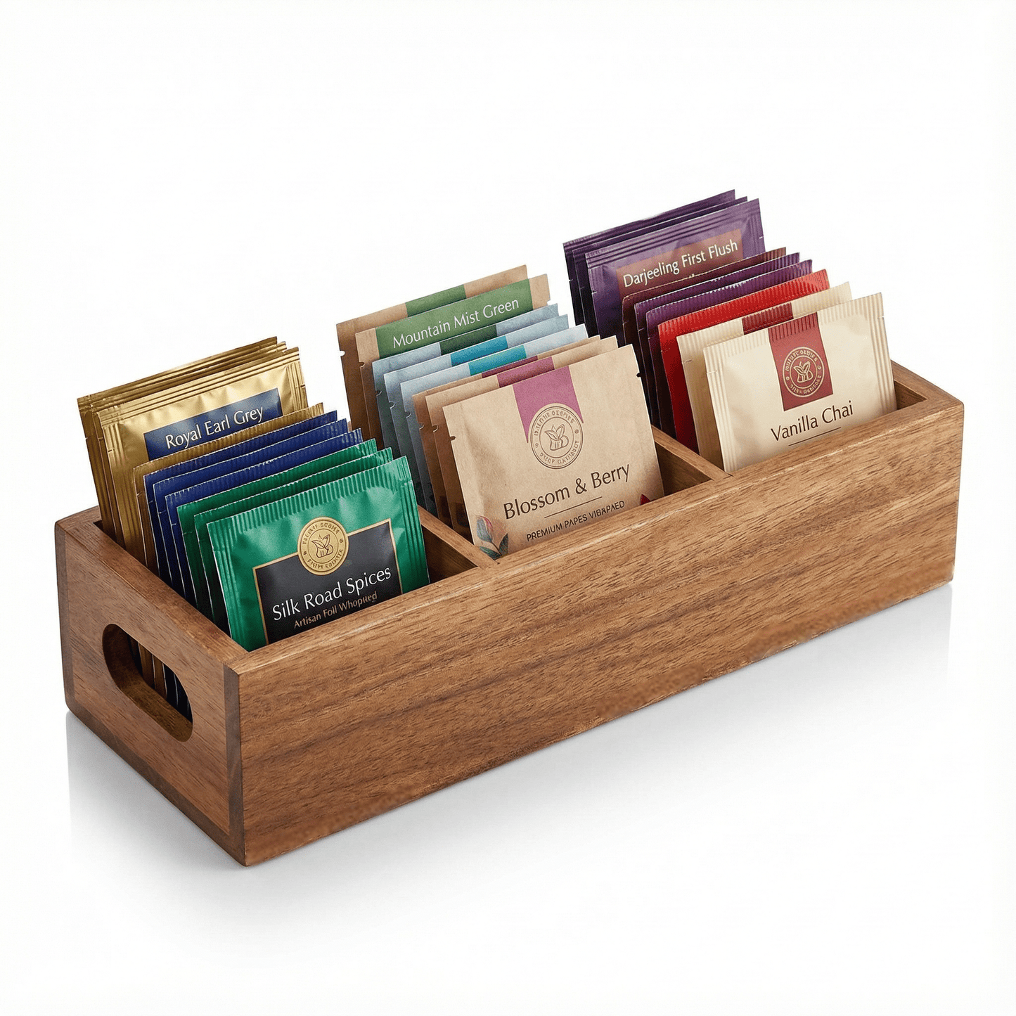 Acacia Wood Tea Caddy — 3-Compartment