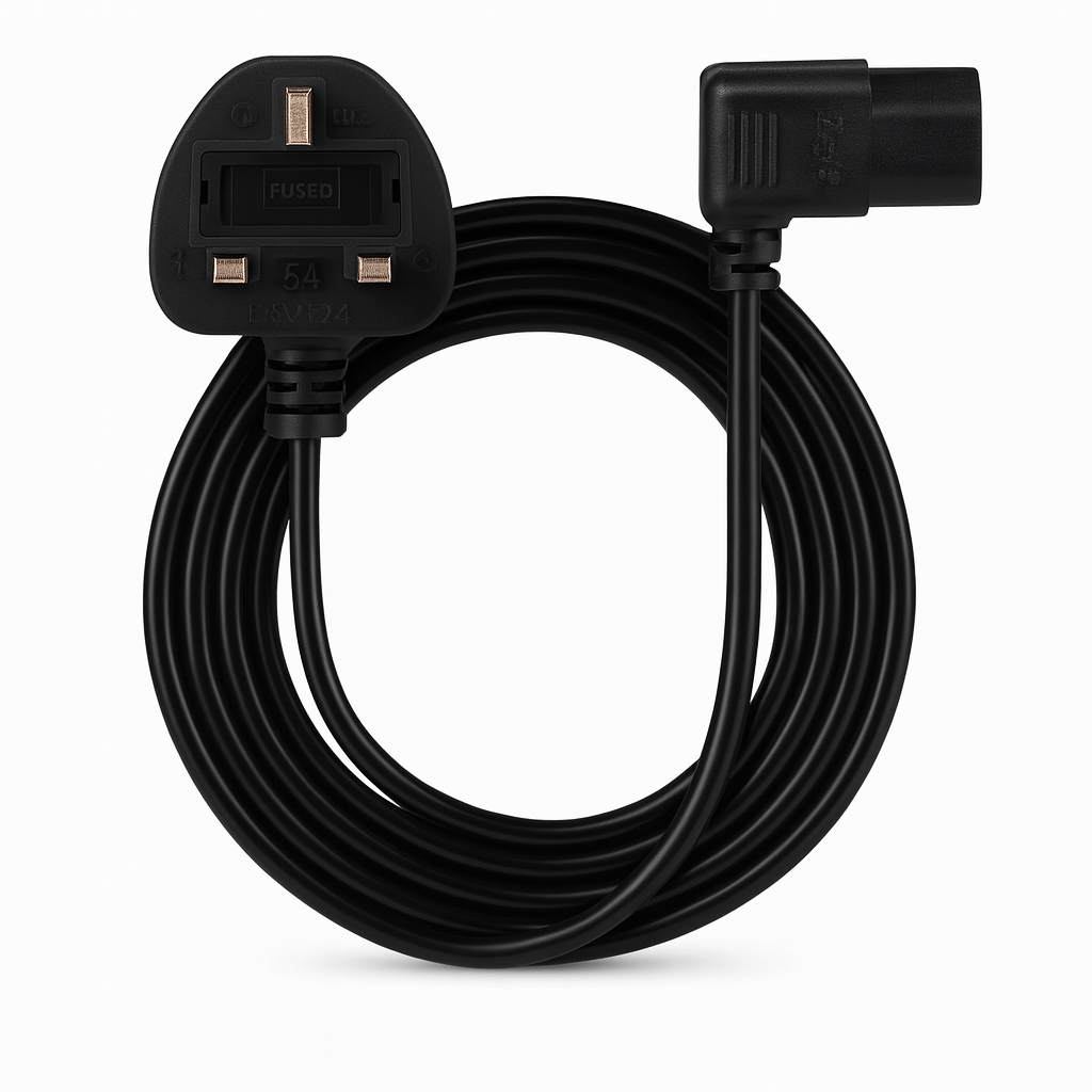 Right-Angle UK Plug to IEC C13 Power Cable (3M or 5M Lengths)