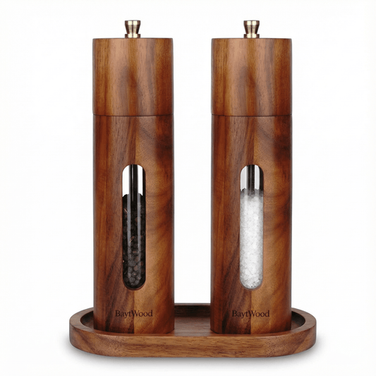 Acacia Wood Salt & Pepper Grinder Set with Tray