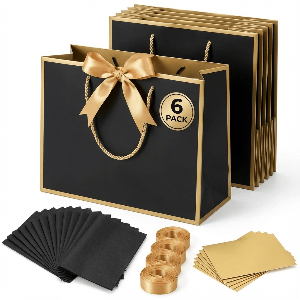 Black Luxury Gift Bags with Gold Trim (Set of 6)