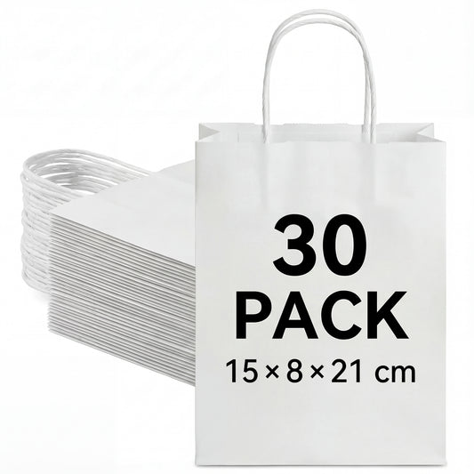 White Kraft Paper Gift Bags — 30 Pack (15 × 8 × 21 cm)