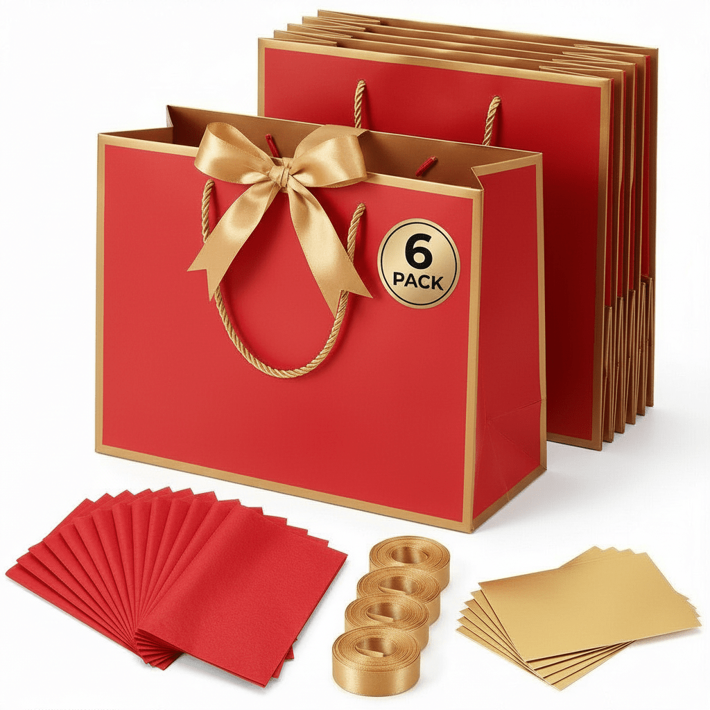Red Luxury Gift Bags with Gold Trim (Set of 6)