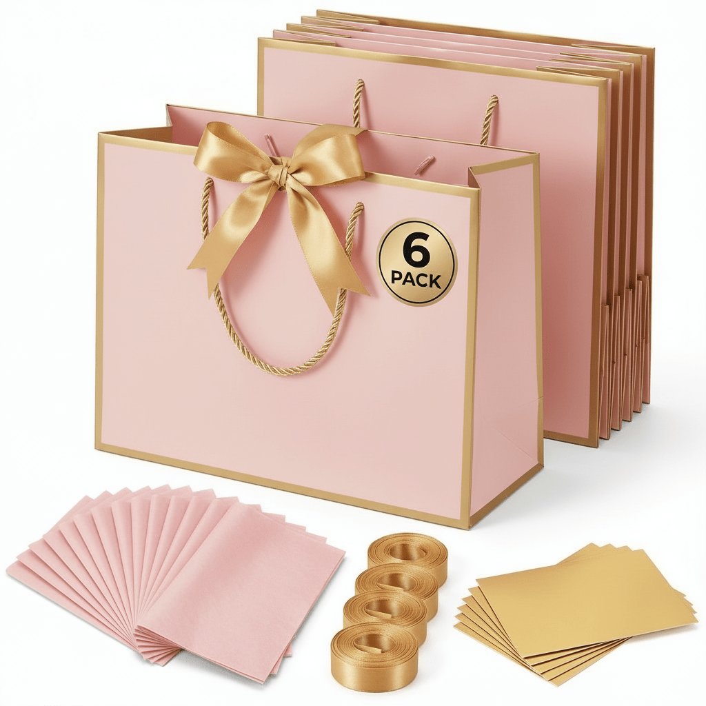 Pink Luxury Gift Bags with Gold Trim (Set of 6)