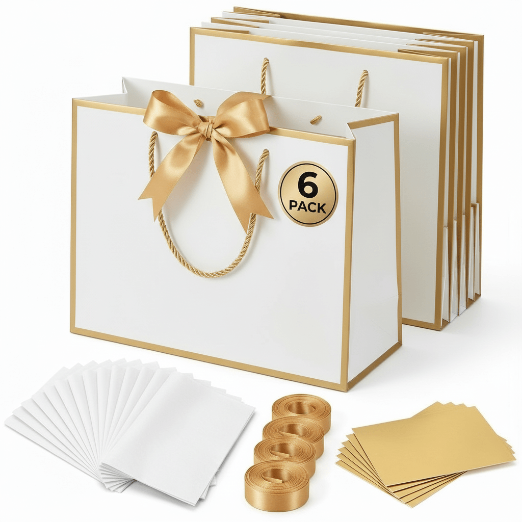 White Luxury Gift Bags with Gold Trim (Set of 6)