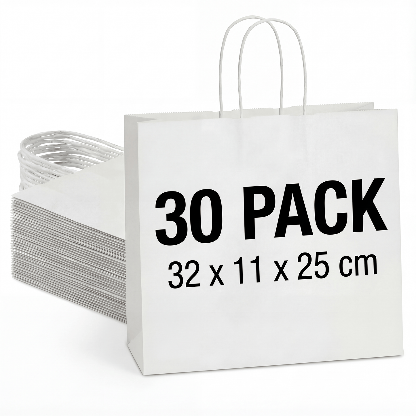 White Kraft Paper Gift Bags — 30 Pack (32 × 11 × 25 cm)