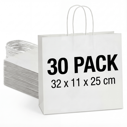White Kraft Paper Gift Bags — 30 Pack (32 × 11 × 25 cm)