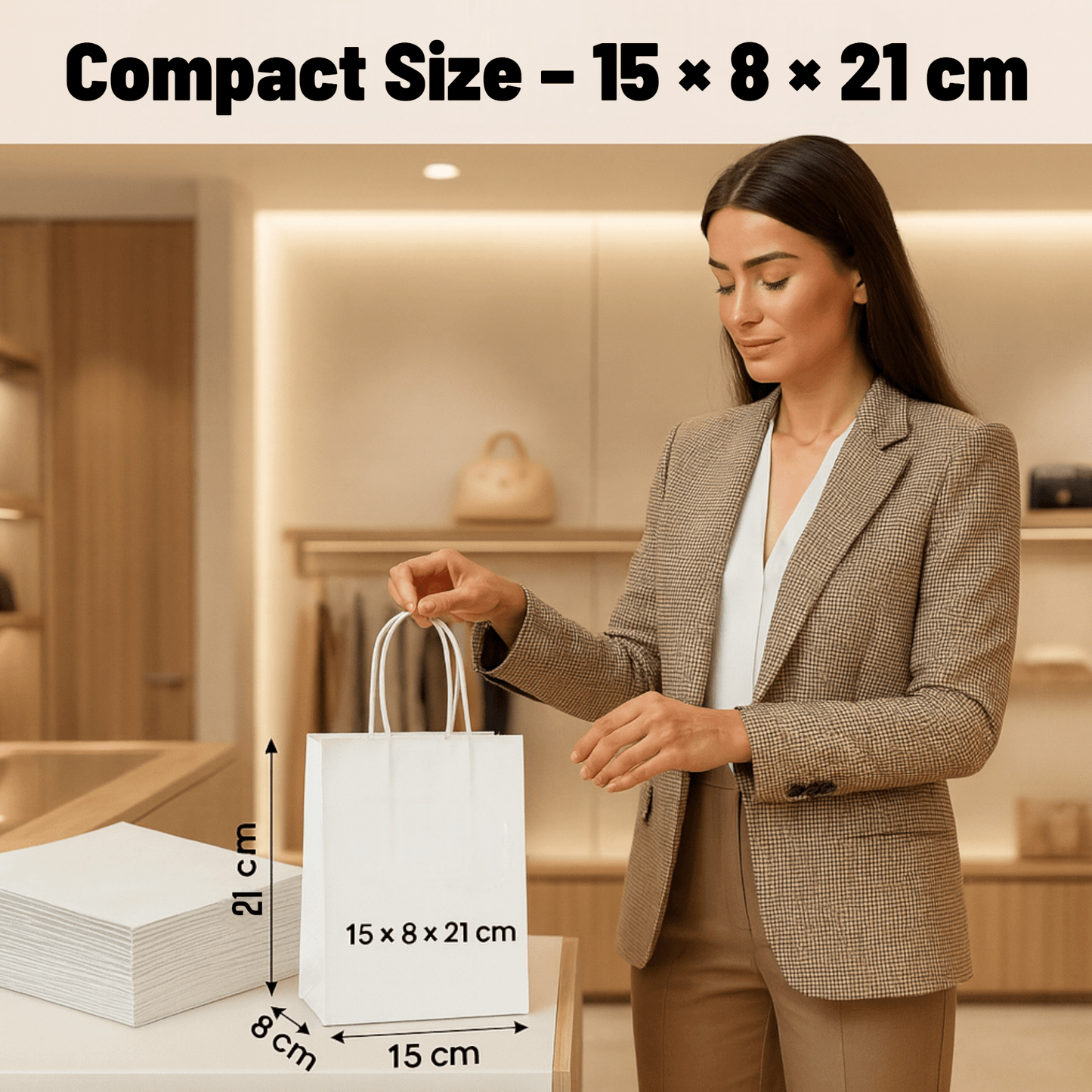 White Kraft Paper Gift Bags — 30 Pack (15 × 8 × 21 cm)