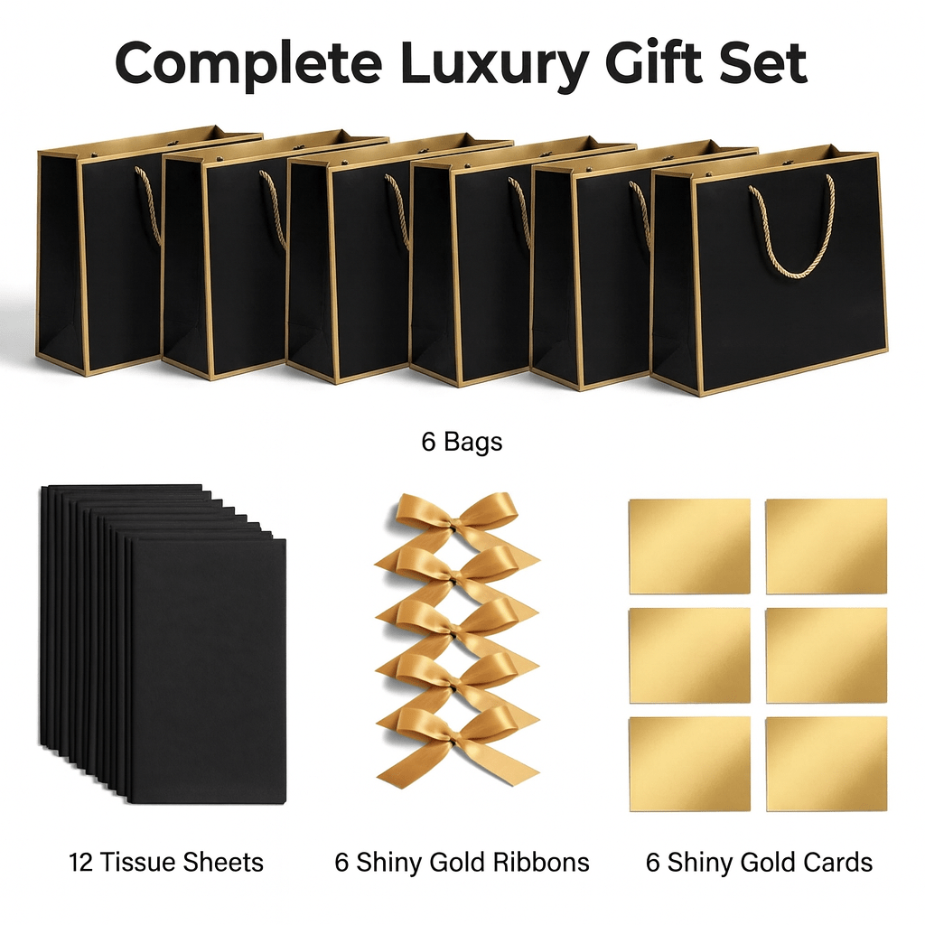 Black Luxury Gift Bags with Gold Trim (Set of 6)