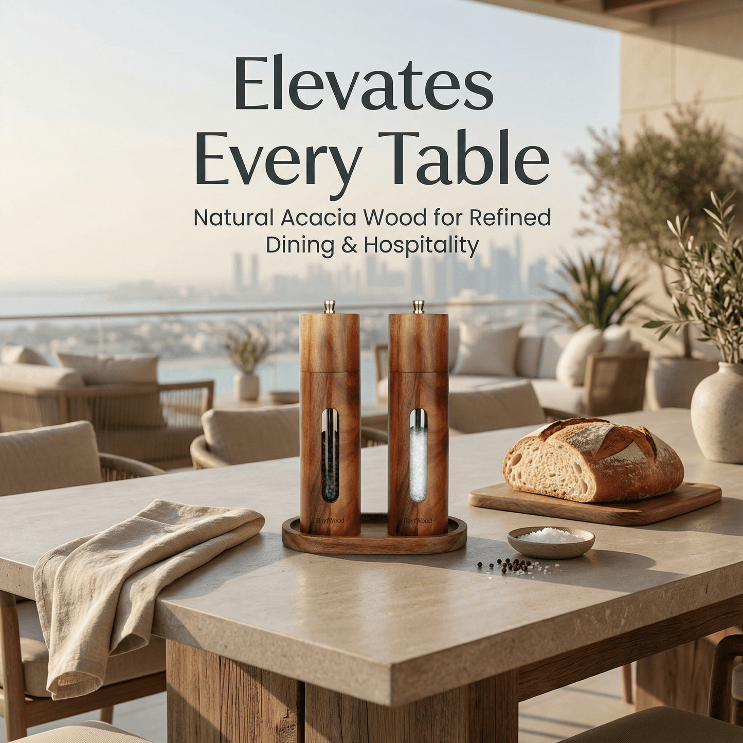 Acacia Wood Salt & Pepper Grinder Set with Tray