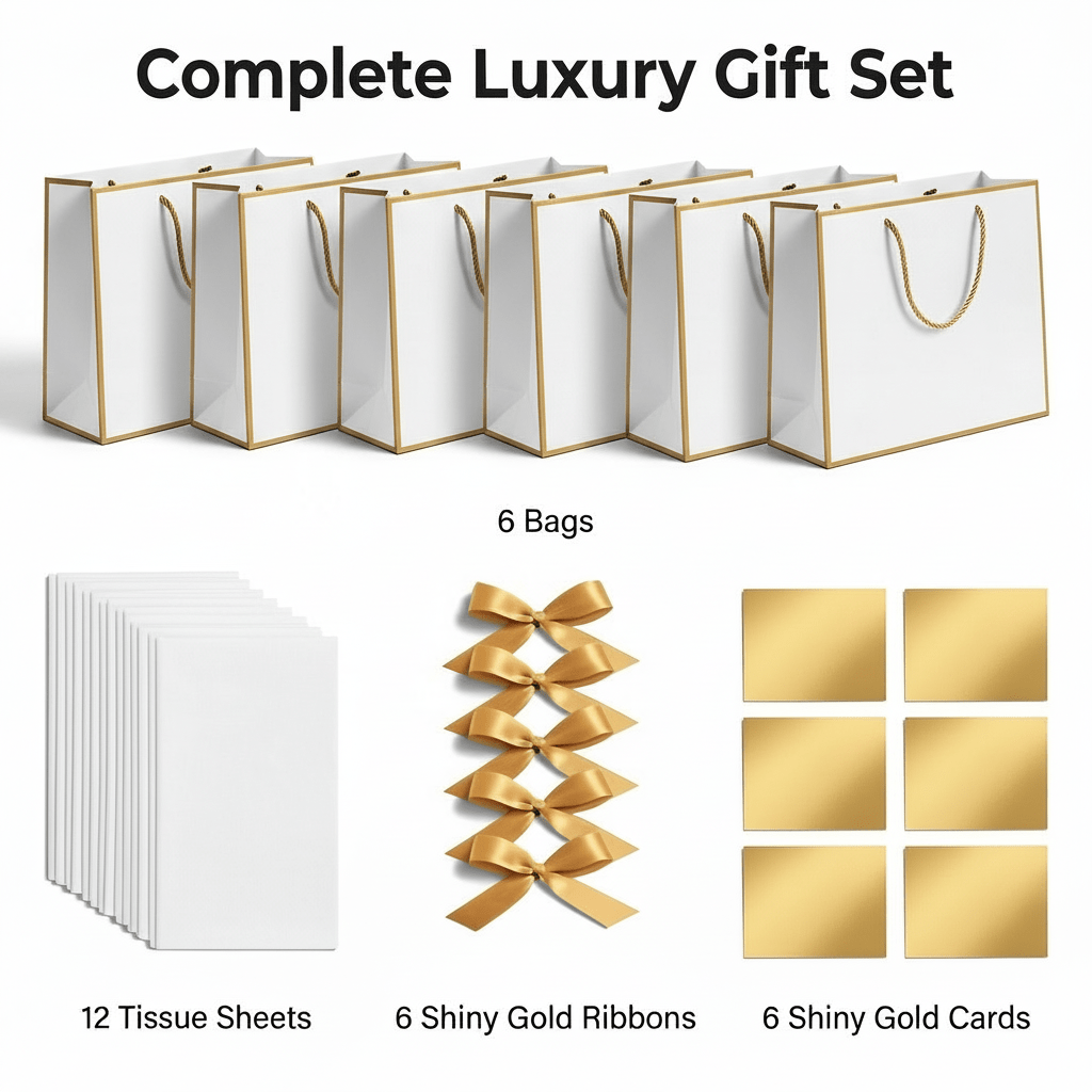 White Luxury Gift Bags with Gold Trim (Set of 6)