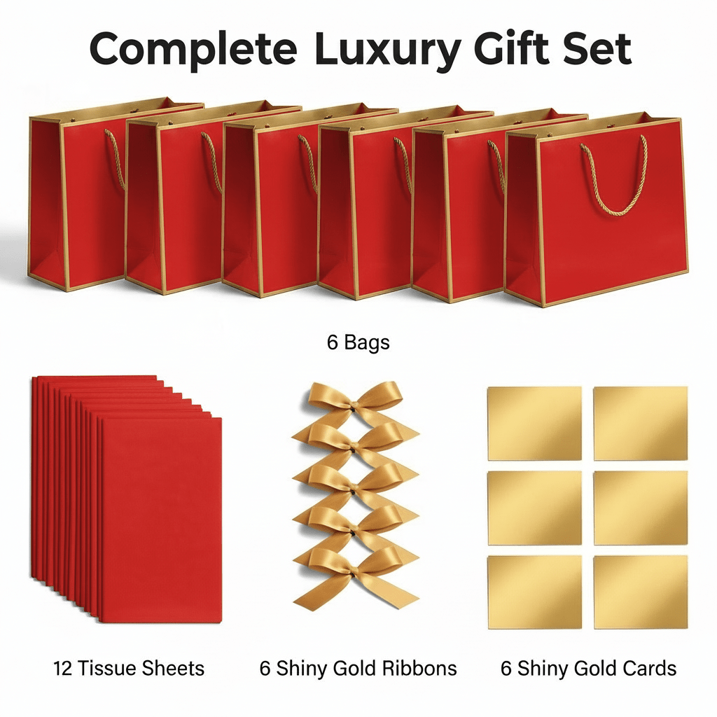 Red Luxury Gift Bags with Gold Trim (Set of 6)