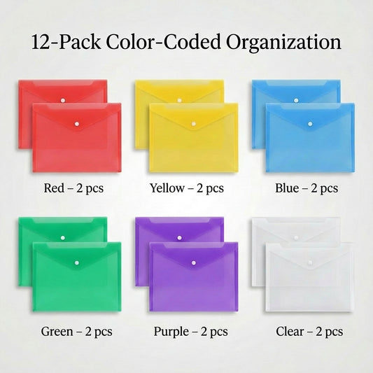 A4 Plastic Document Envelopes 12 Pack (6 Colors)