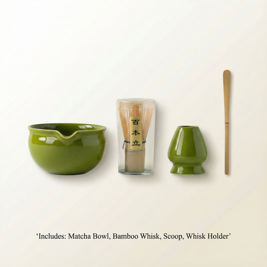 Matcha Tea Set — 4-Piece Japanese Kit (Green Ceramic Bowl)