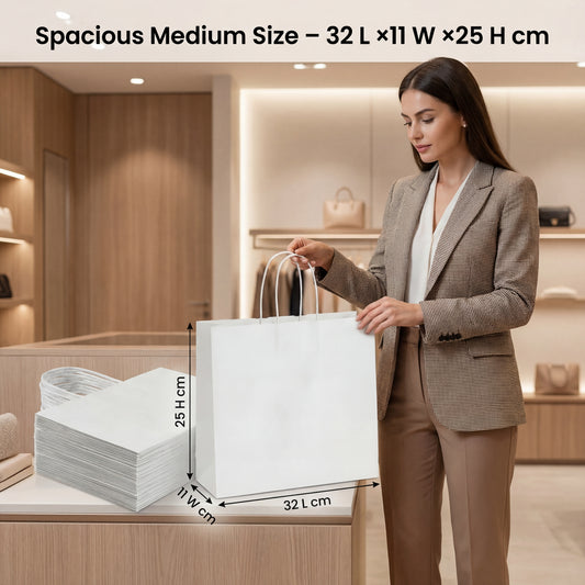 White Kraft Paper Gift Bags — 30 Pack (32 × 11 × 25 cm)
