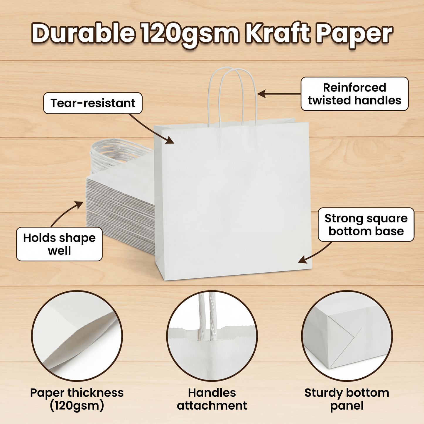 White Kraft Paper Gift Bags — 30 Pack (32 × 11 × 25 cm)
