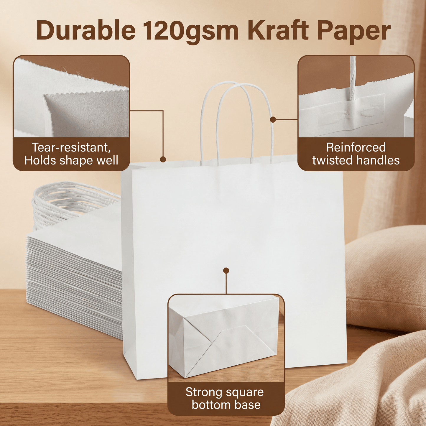 White Kraft Paper Gift Bags — 30 Pack (32 × 11 × 25 cm)