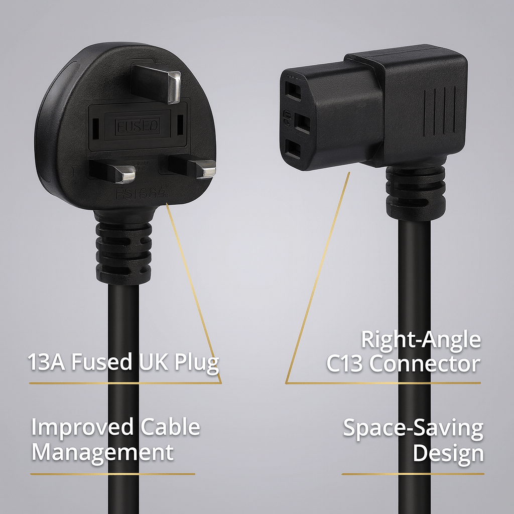 Right-Angle UK Plug to IEC C13 Power Cable (3M or 5M Lengths)
