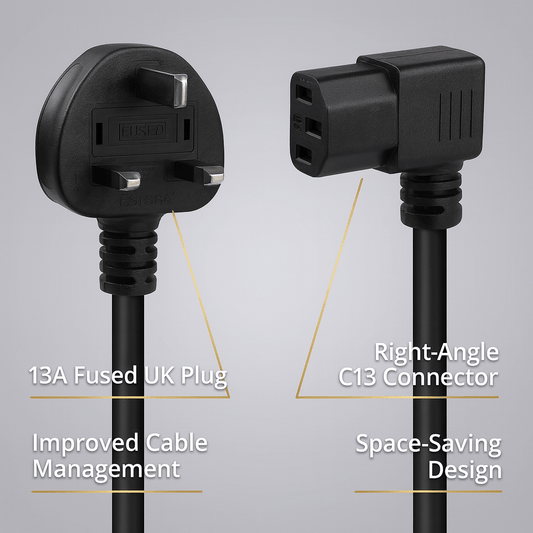 Right-Angle UK Plug to IEC C13 Power Cable (3M or 5M Lengths)