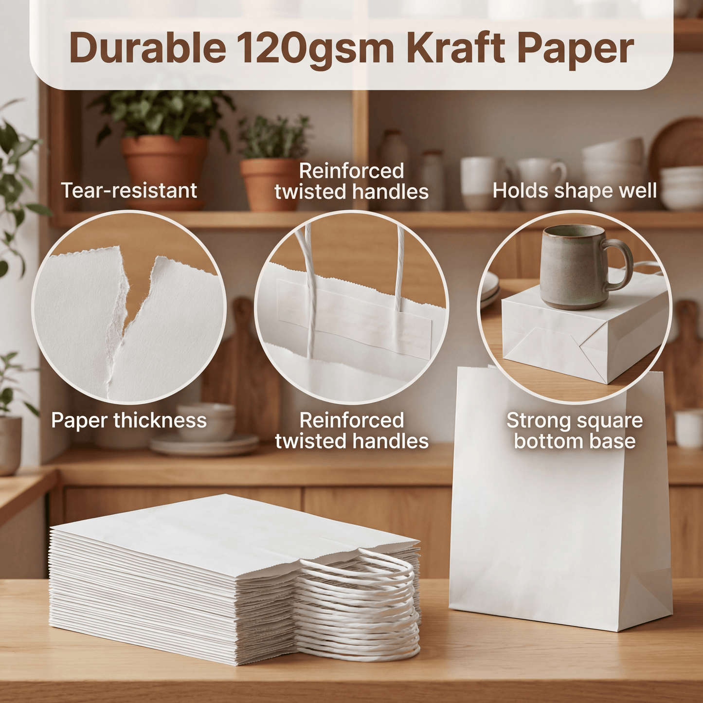 White Kraft Paper Gift Bags — 30 Pack (15 × 8 × 21 cm)