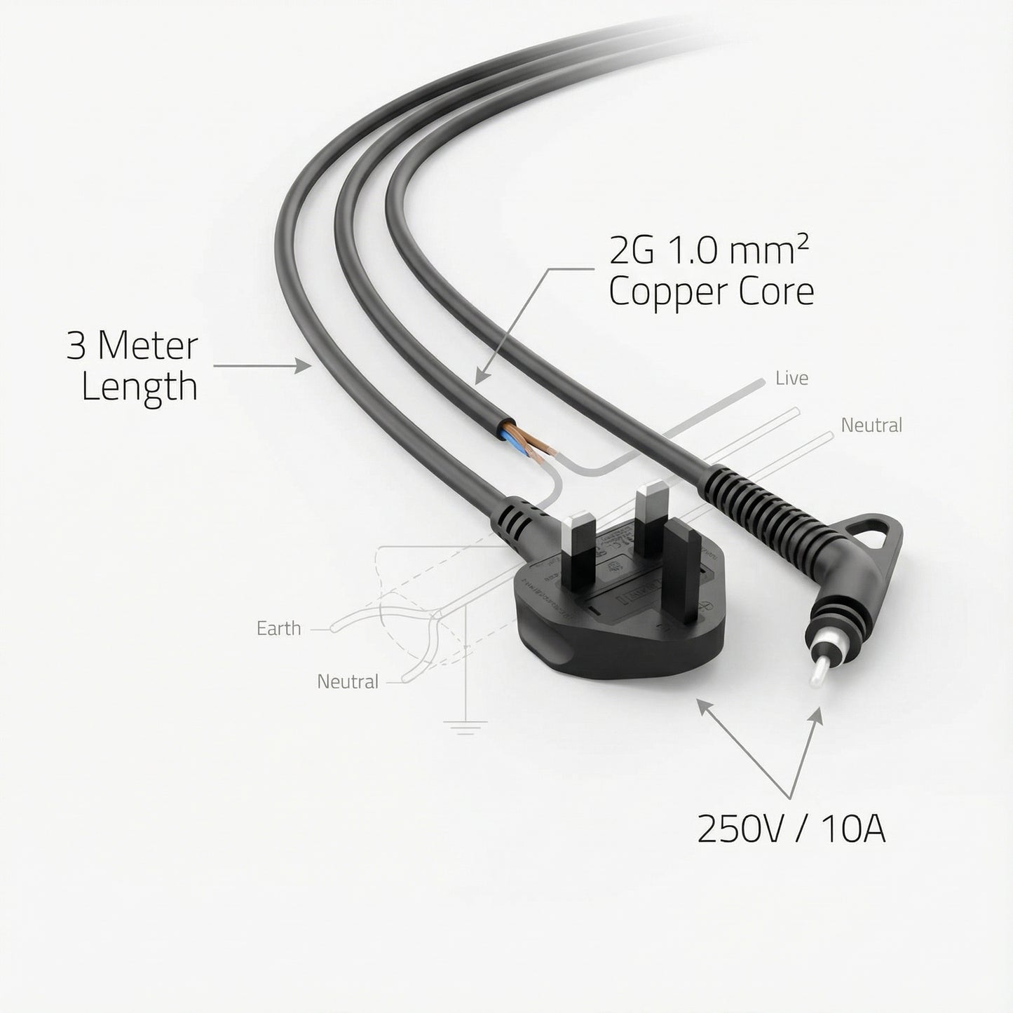 Hair Straightener Replacement Power Cable — 3m