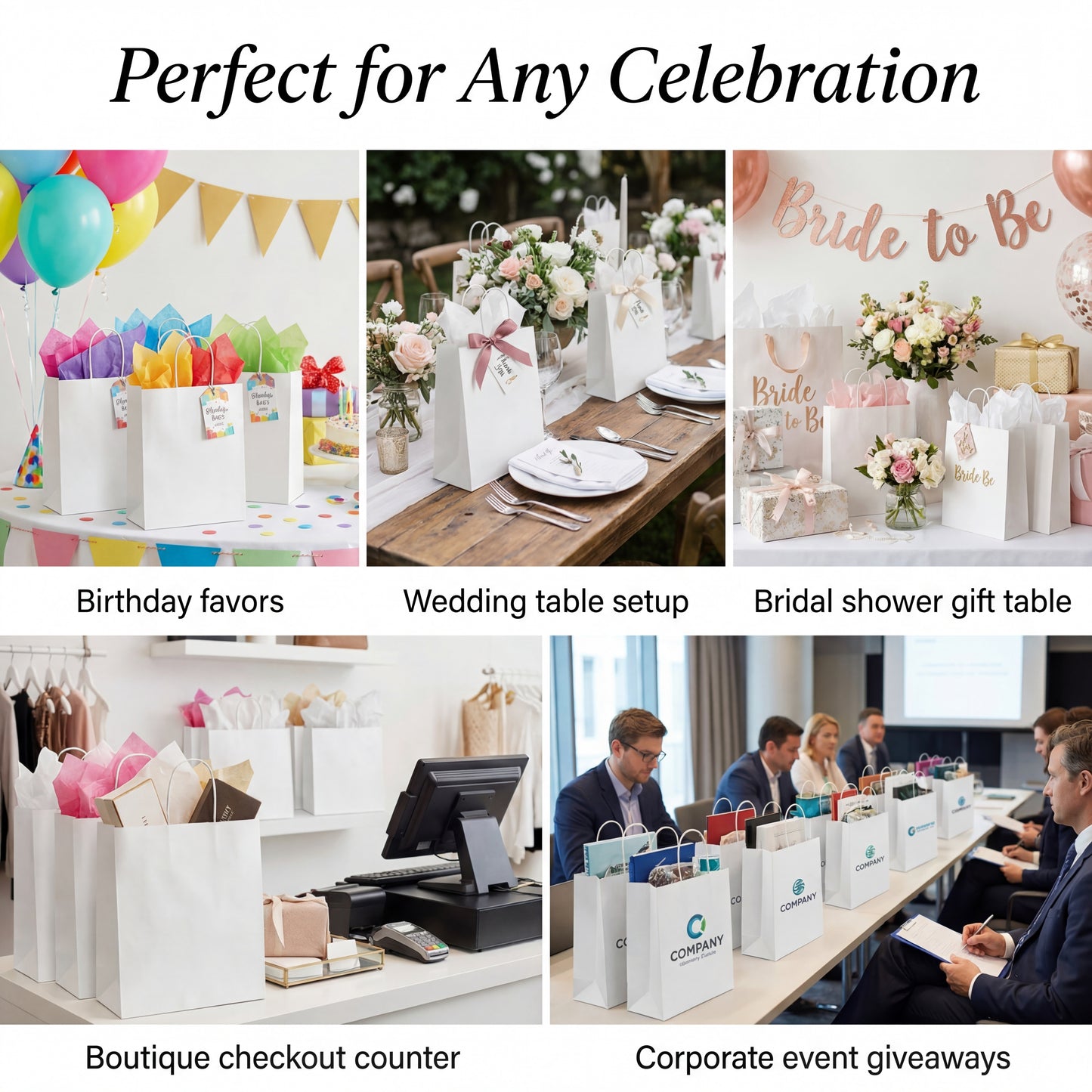 White Kraft Paper Gift Bags — 30 Pack (32 × 11 × 25 cm)