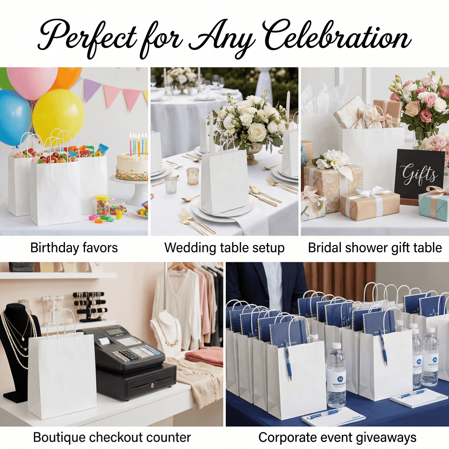 White Kraft Paper Gift Bags — 30 Pack (15 × 8 × 21 cm)