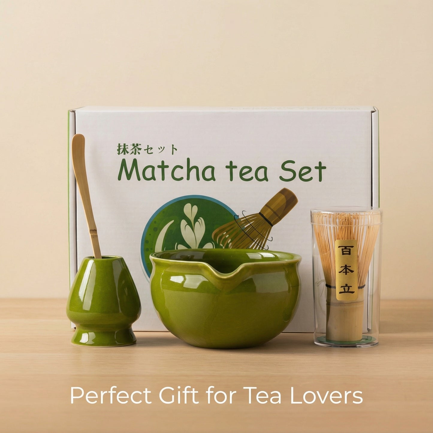 Matcha Tea Set — 4-Piece Japanese Kit (Green Ceramic Bowl)