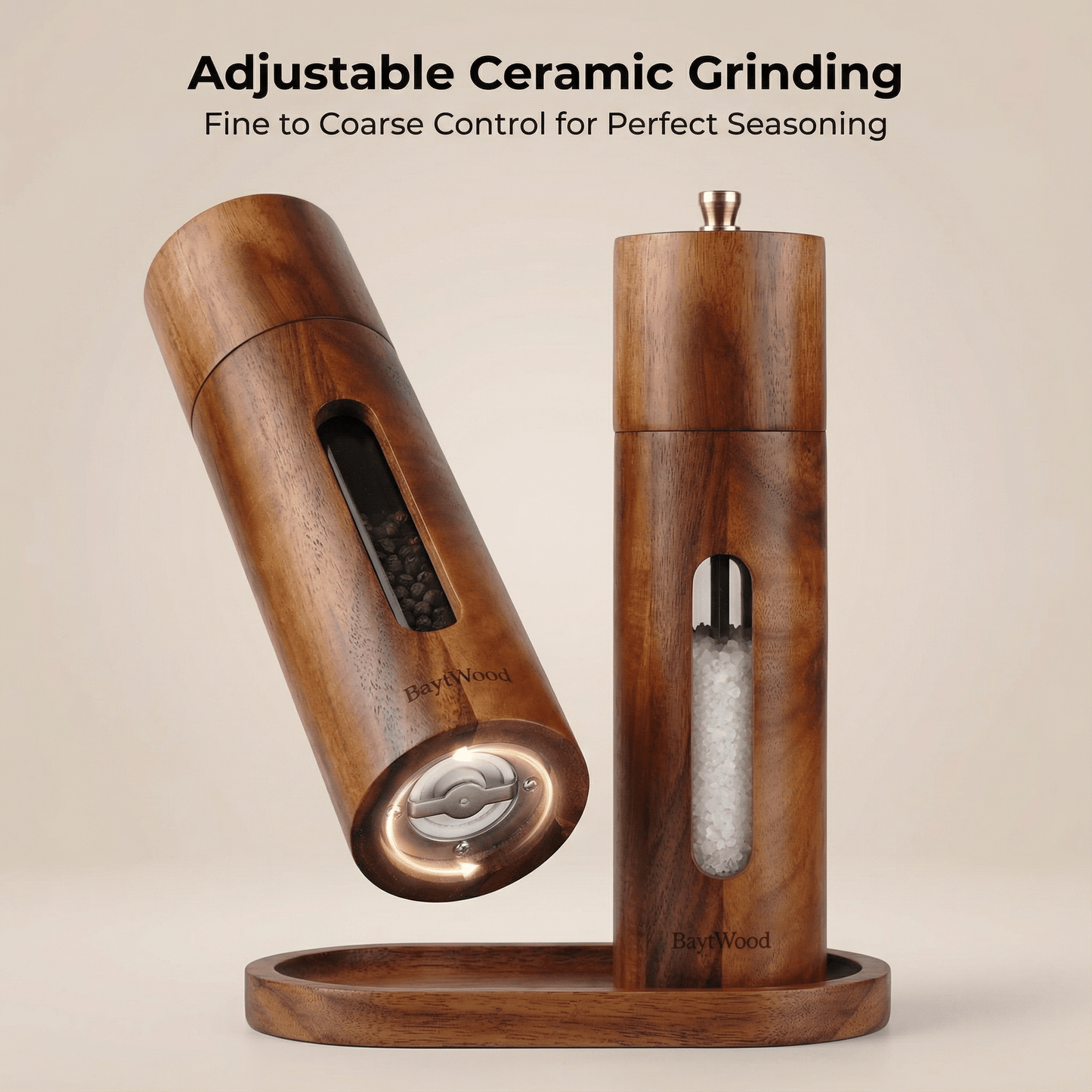 Acacia Wood Salt & Pepper Grinder Set with Tray