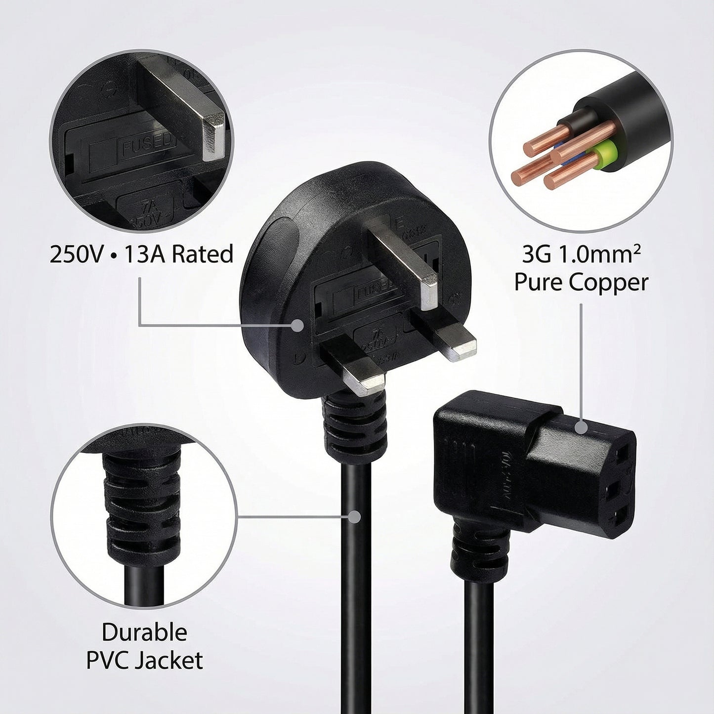 Right-Angle UK Plug to IEC C13 Power Cable (3M or 5M Lengths)