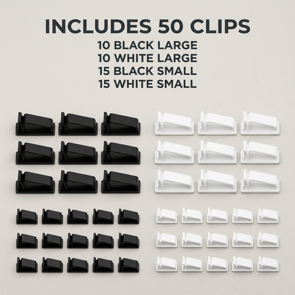 Cable Management Clips 50-Pack (Black & White)