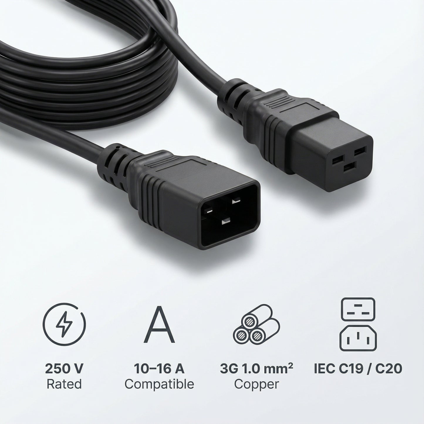 IEC C19 to C20 Power Extension Cable (2M or 5M Lengths)