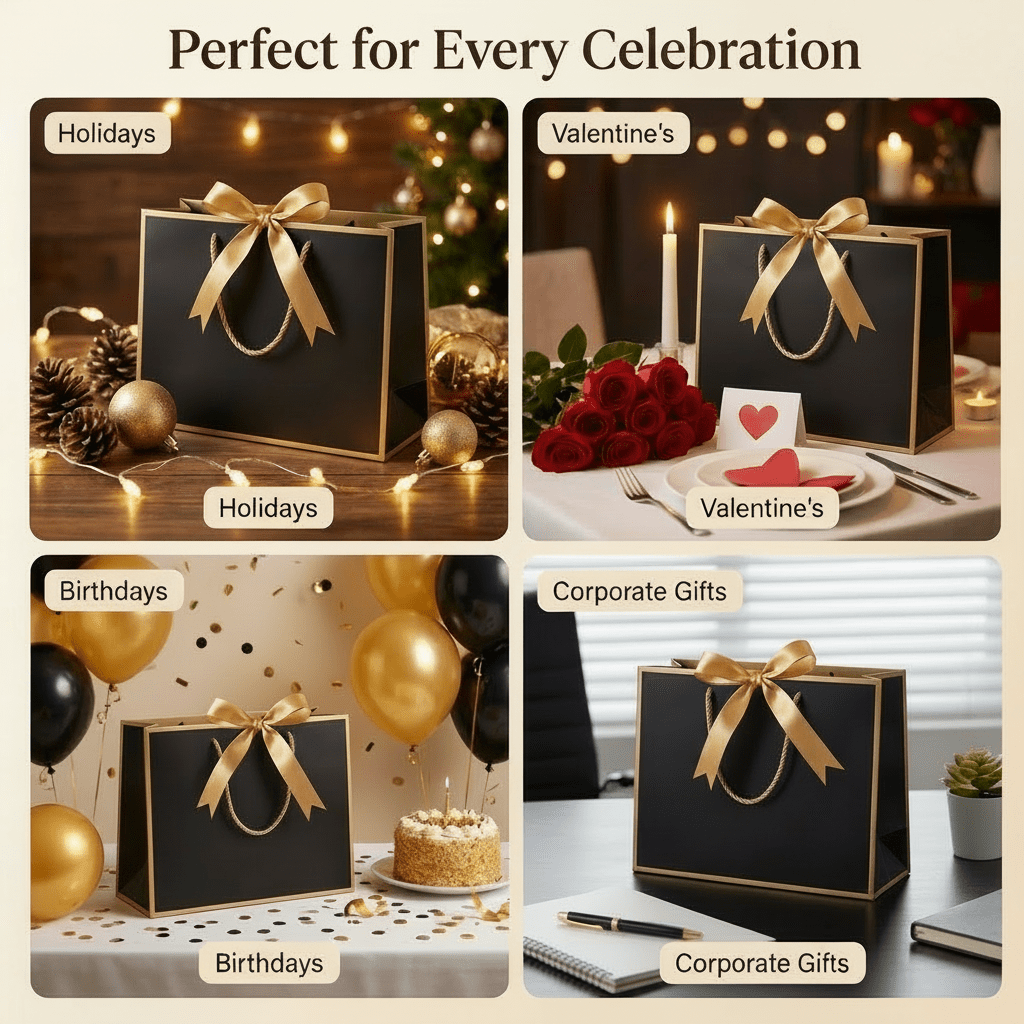 Black Luxury Gift Bags with Gold Trim (Set of 6)