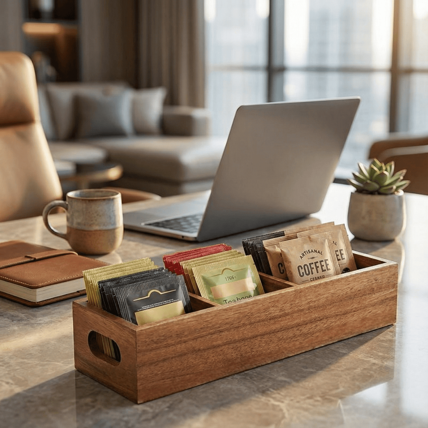 Acacia Wood Tea Caddy — 3-Compartment