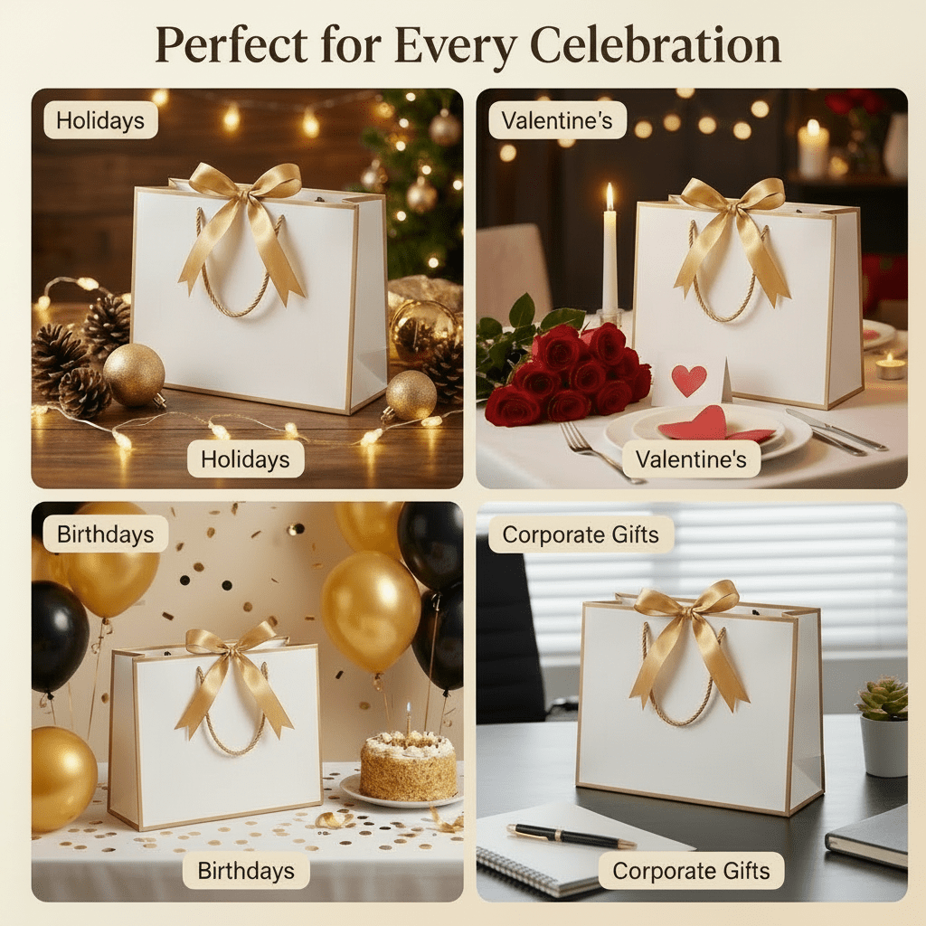 White Luxury Gift Bags with Gold Trim (Set of 6)