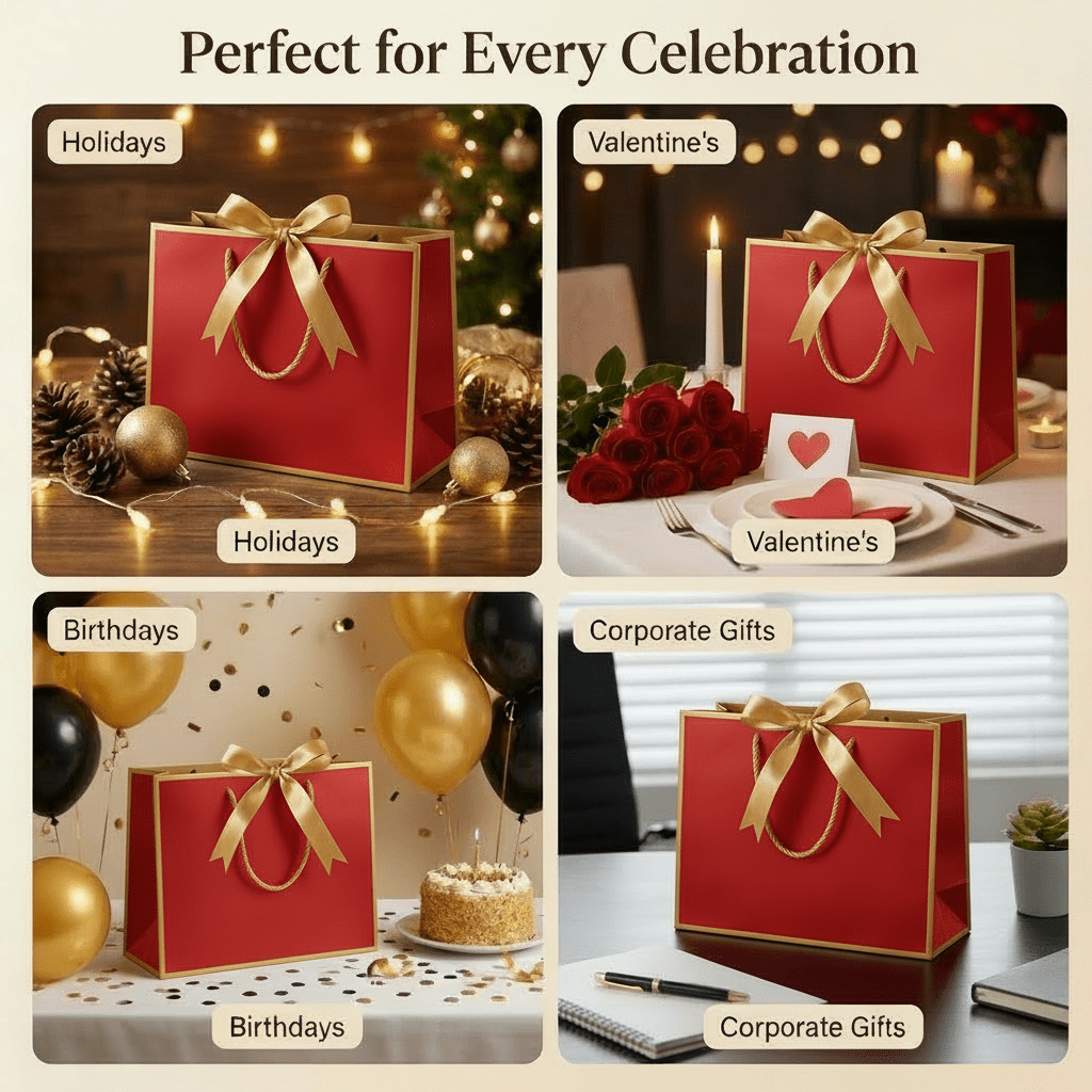 Red Luxury Gift Bags with Gold Trim (Set of 6)